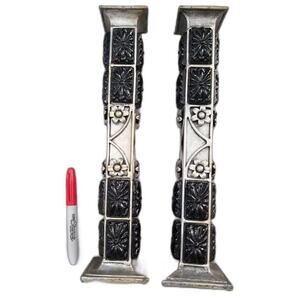 Vintage Heavy Candlesticks Black Ceramic Mixed Metals Flowers 15 In. Pair of Two